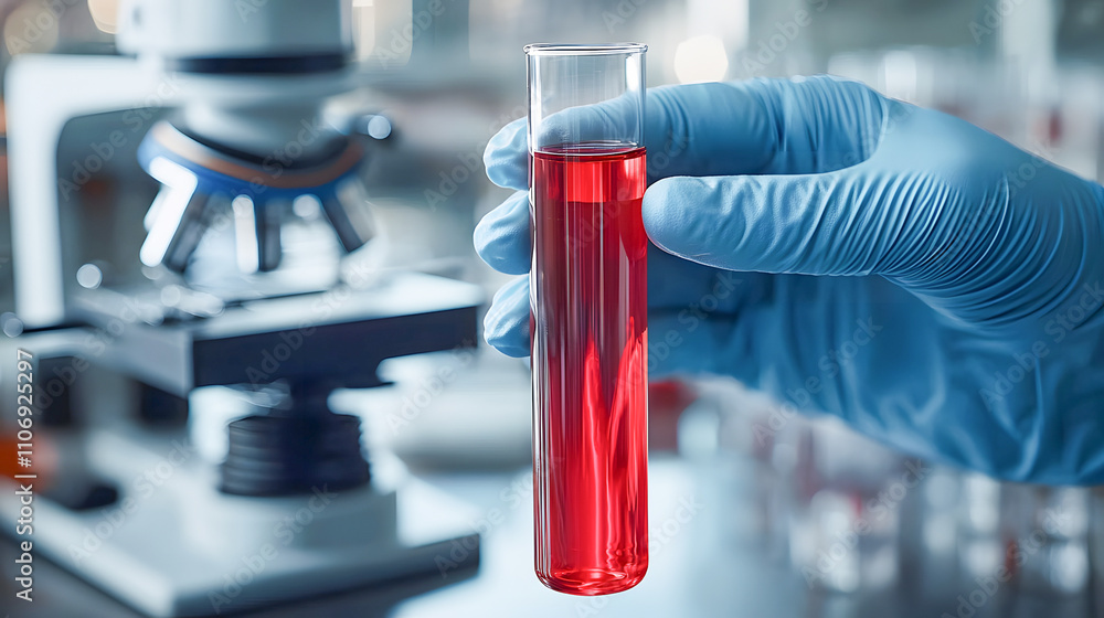 Poster laboratory test tube held by hand science experiment modern lab environment close-up viewpoint