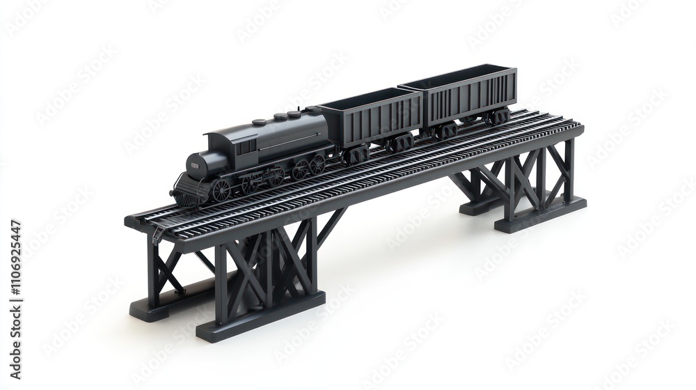 Poster a model train on a bridge, showcasing railway transport design and engineering.