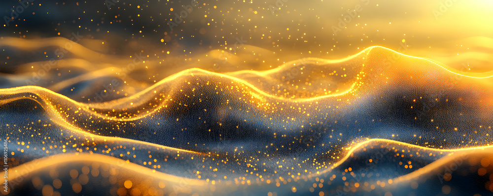 Poster golden particle waves abstract 3d background: illuminated digital landscape with glowing, shimmering