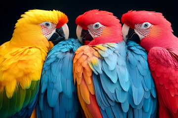 Fototapeta premium Vibrant Macaws Huddle Together in a Close-Up Shot, Displaying Their Colorful Feathers