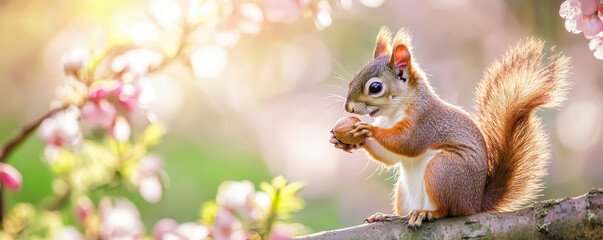 playful squirrel on tree branch holding nut, surrounded by flowers © praewpailyn