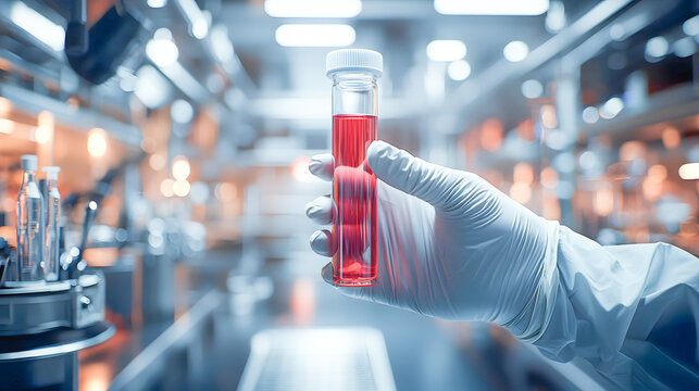Laboratory action hand holding test tube with red liquid scientific environment focused viewpoint