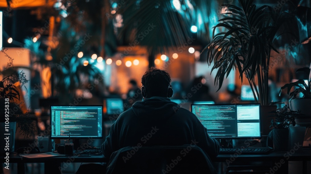 Poster a person coding in a dimly lit workspace surrounded by plants and warm lights.