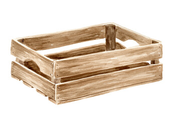 Empty wooden crate, box, basket. Watercolor hand painted illustration, isolated on white background