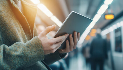 Reading news on tablet in subway station, surrounded by commuters