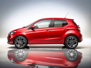 Fashion Photography of a Small Red Car in Side View Isolated on White Background Perfect for Automotive Advertising and Stylish Presentations