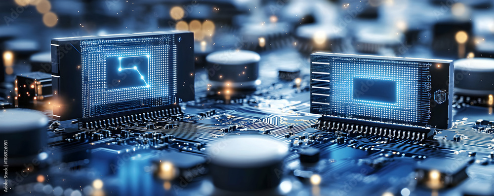 Poster 3d render of advanced microprocessors on circuit board, glowing blue, illustrating technological pro