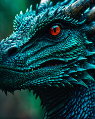 Obraz premium a dragon head with striking red irises and intricate reptilian scales.