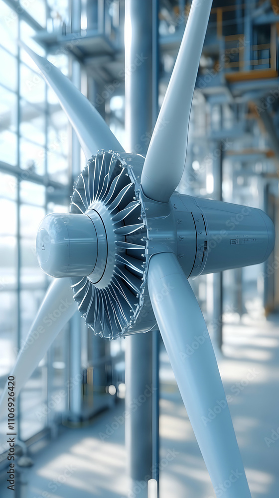 Poster 3d render of a futuristic turbine engine with multiple blades rotating in a modern industrial settin