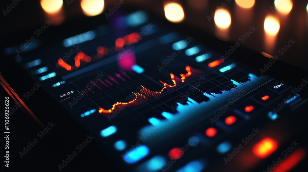 Poster close-up of smartphone displaying vibrant stock market charts and graphs with bokeh lights in the ba