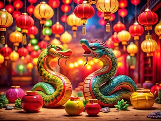 Fototapeta premium Festive Celebration Display with Snake Figurines and Red Lanterns for Vibrant Cultural Festivities and Decorations, Perfect for Celebrating Traditional Events and New Year Festivities