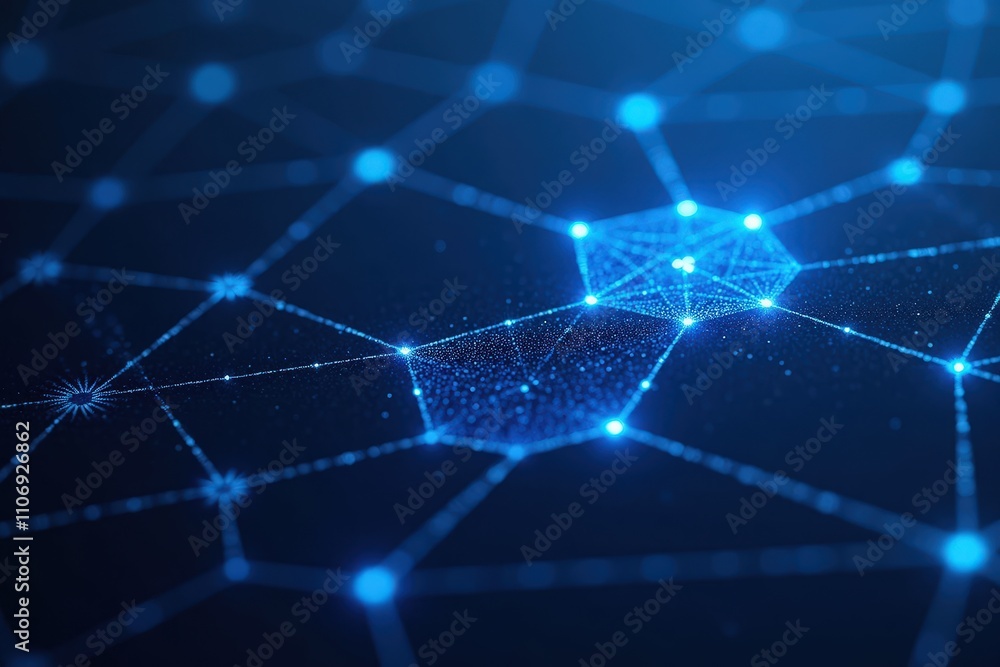 Poster futuristic digital network connections and geometric patterns in a glowing blue matrix.