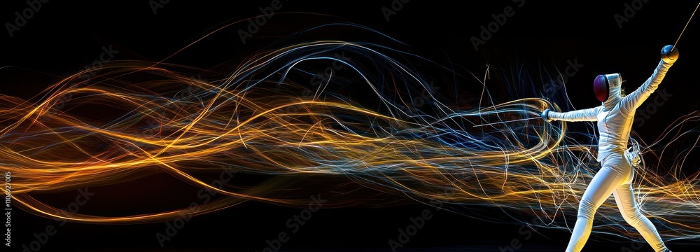 Poster A dynamic fencer in motion, surrounded by vibrant light trails representing energy and speed.