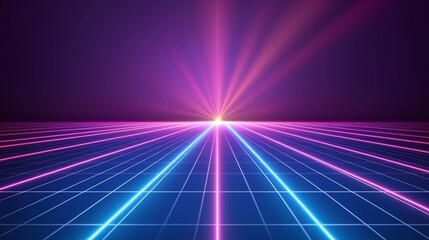 Fototapeta premium Futuristic neon grid background vanishing in bright light with pink and blue beams