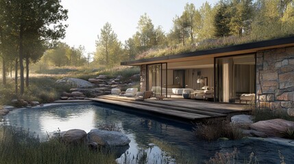 Naklejka premium Modern, rustic home with a swimming pool and a lush landscape