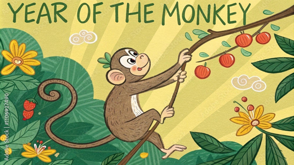 Poster the year of the monkey scroll the lively monkey is depicted swinging from branches decorated with vi