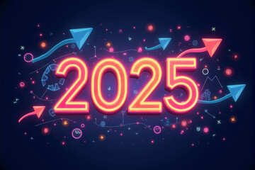 2025 with pointing arrows and a graph on background