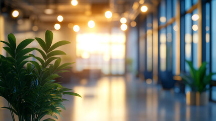 Sunlight streaming through windows in a modern office with green plants in foreground