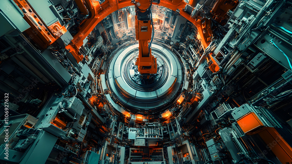 Aufkleber abstract 3d digital art: robotic arm in futuristic machine core, complex internal mechanisms illustr