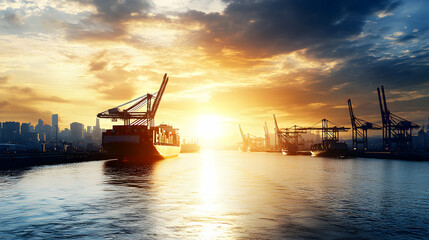 Fototapeta premium Cargo Ships at Sunset Harbor, City Skyline
