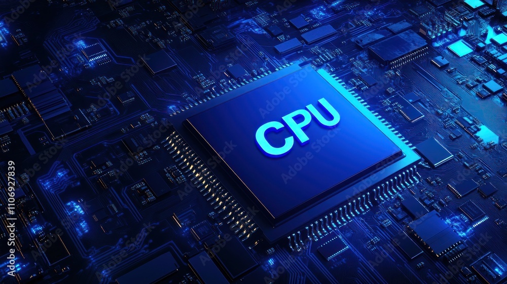 Poster Close-up view of a CPU processor on a motherboard, showcasing intricate circuitry and technological advancement.