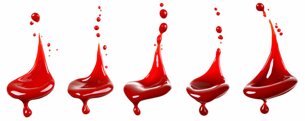 Five Red Liquid Splashes Isolated on White Background:  Dynamic 3D Render of Vibrant Color