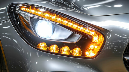 Close-up of illuminated modern sports car headlight, showcasing intricate details and bright LED technology.