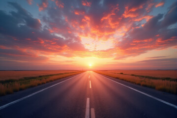 Naklejka premium A straight road leading towards a vibrant sunset, symbolizing the journey ahead.