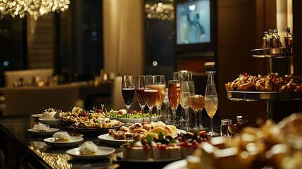 A well-decorated dining table featuring a gourmet food spread with tapas, small bites, and a selection of cocktails for an upscale gathering 