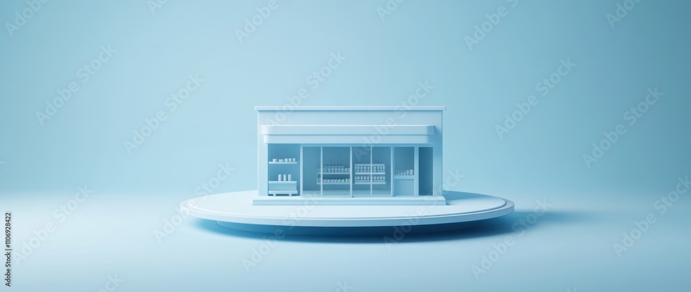 Aufkleber A minimalist model of a retail store displayed on a circular platform against a light blue background.