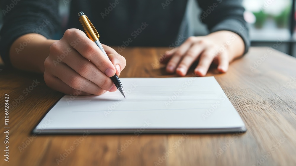 Aufkleber writing with a pen on a blank notebook page
