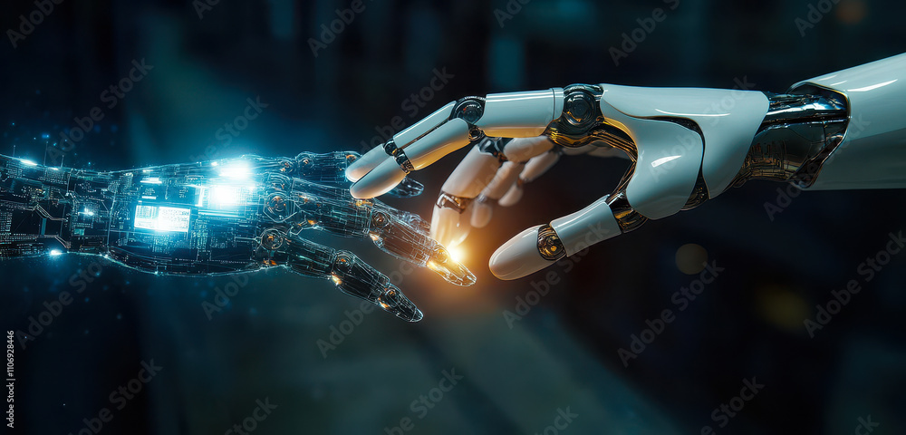 Poster robotic and human hands touch in ai brain network, machine learning technology concept