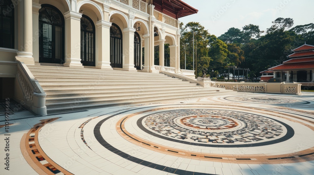 Poster Elegant architectural steps lead to a beautifully designed tiled circular pattern.