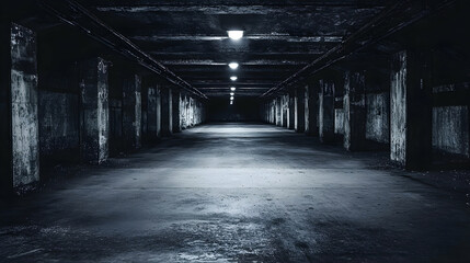 Dark, Empty Parking Garage. A Monochromatic View