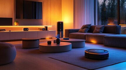 Modern living room with smart devices at night.