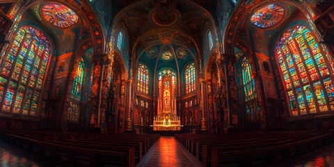 Vibrant Stained Glass Illuminates Gothic Church Interior