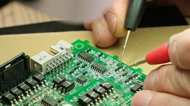 Close-up of the engineer testing the printed circuit board of an electronic device under a microscope. Electronic equipment repair shop.