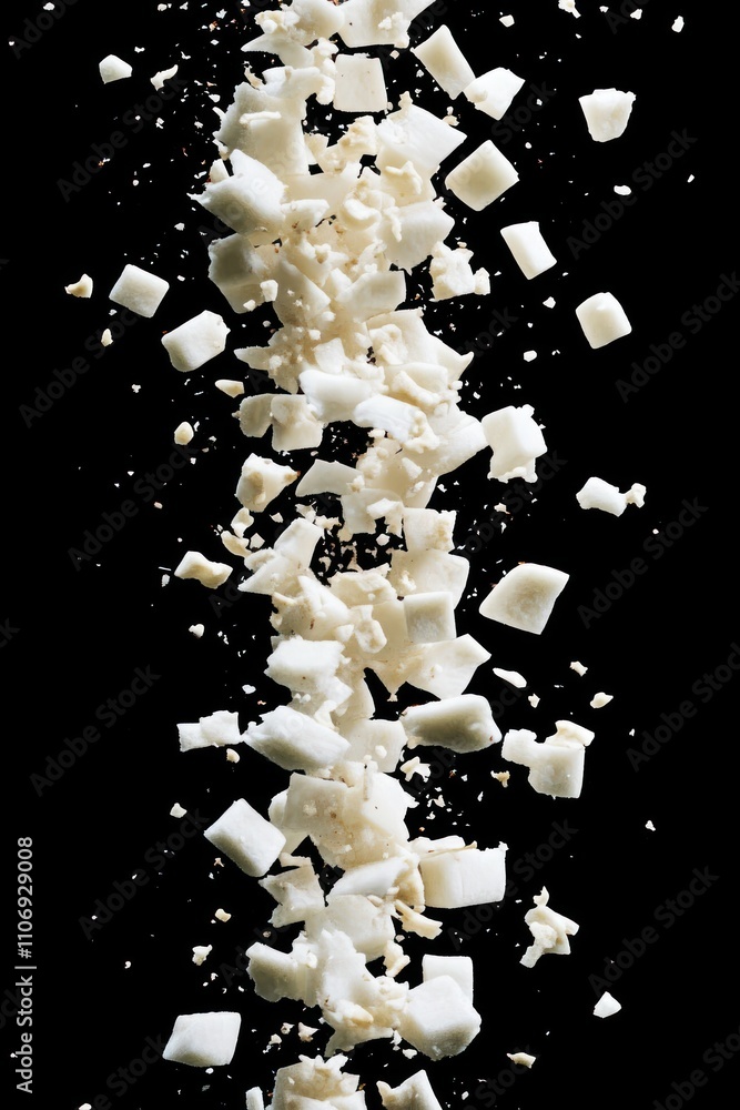 Poster a dynamic display of scattered white chunks against a black background, suggesting texture and movem