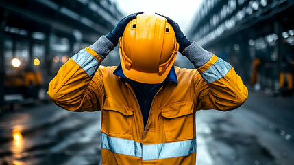 Worker in Yellow Holds Head, Industrial Setting