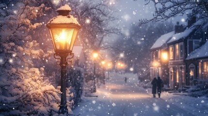 A lantern glows warmly on a snowy street as a couple strolls under a starry winter sky.