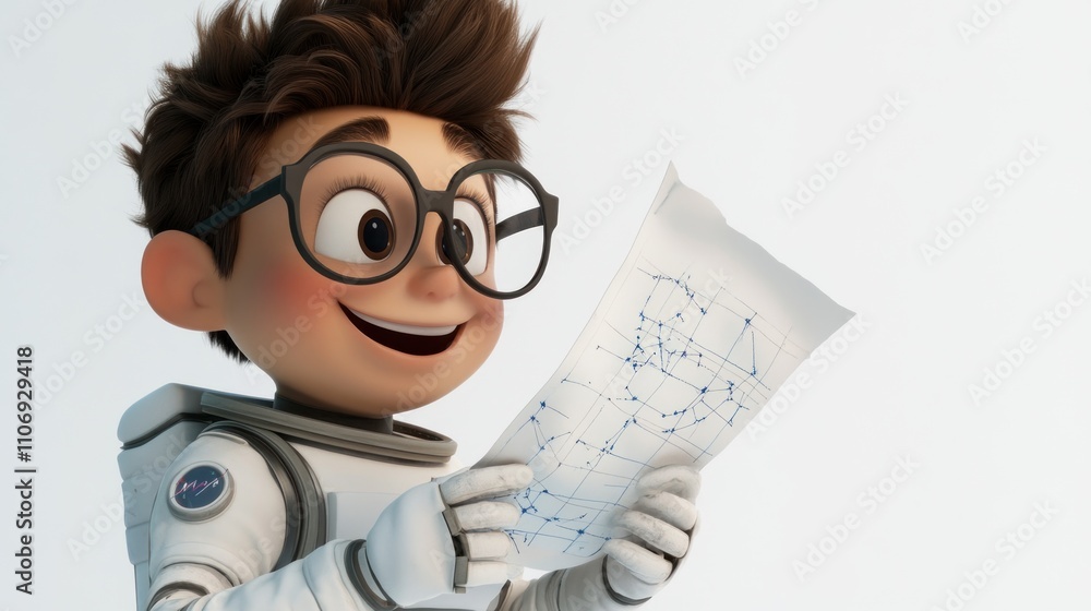 Poster a cheerful cartoon character in a spacesuit examines a blueprint with excitement.