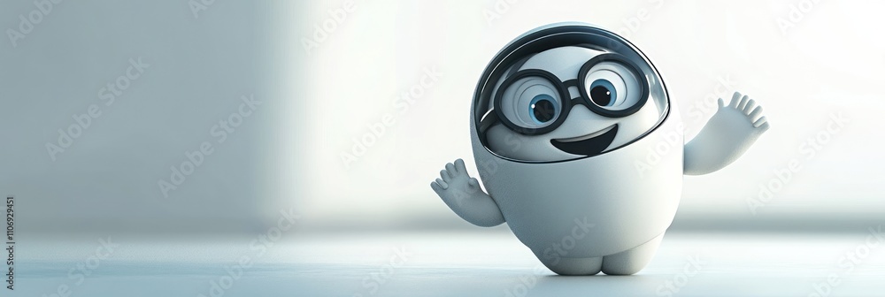 Poster a cheerful animated character with glasses, waving in a bright, minimalistic setting.
