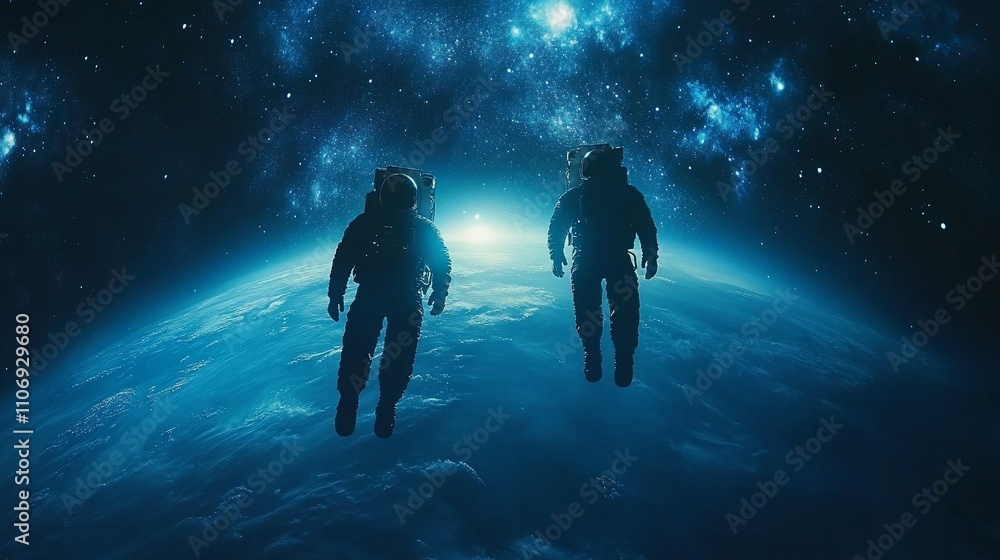 Poster two astronauts floating in space above earth, surrounded by stars.