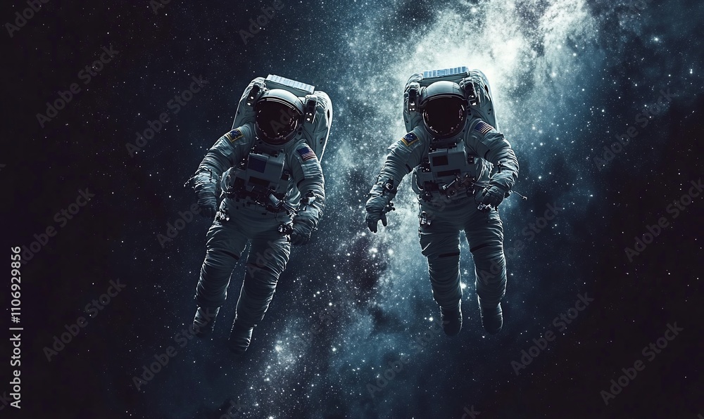 Poster two astronauts floating in space against a cosmic background.