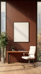 Modern Office Interior:  Desk and Chair Beside Blank Frame on Wood Wall