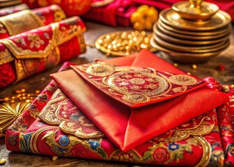 Festive Red Envelopes Filled with Money on a Vibrant Table, Adorned with Gold Characters, Celebrating Wealth and Prosperity in a Joyous Cultural Setting