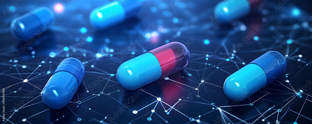 Aufkleber 3d render of blue and red capsules on abstract network background