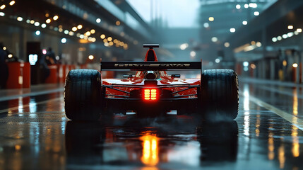 Racing Car on Wet Track at Night