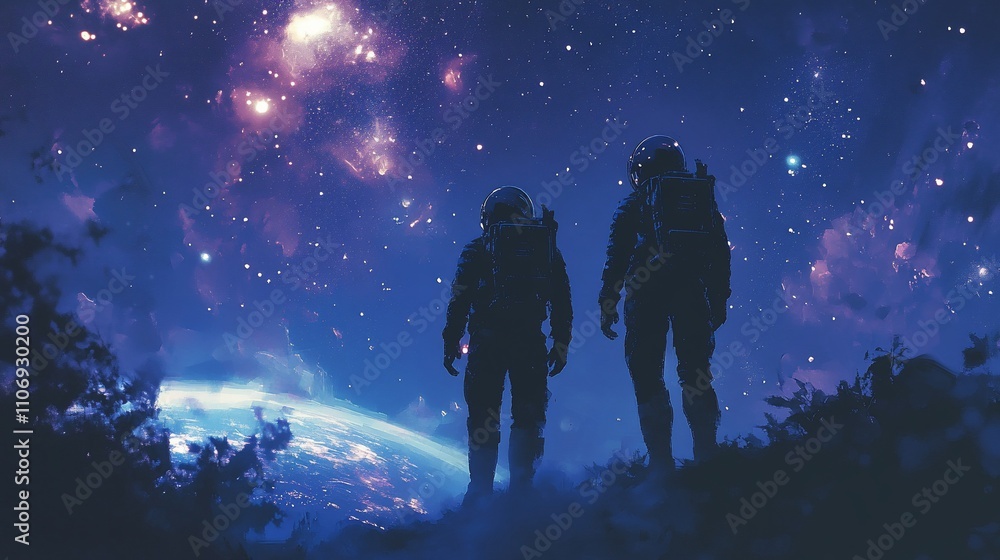 Poster two astronauts gazing at a vibrant cosmic scene with earth in view.