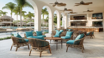 Obraz premium Outdoor Patio Seating Area with Pool View at a Tropical Resort